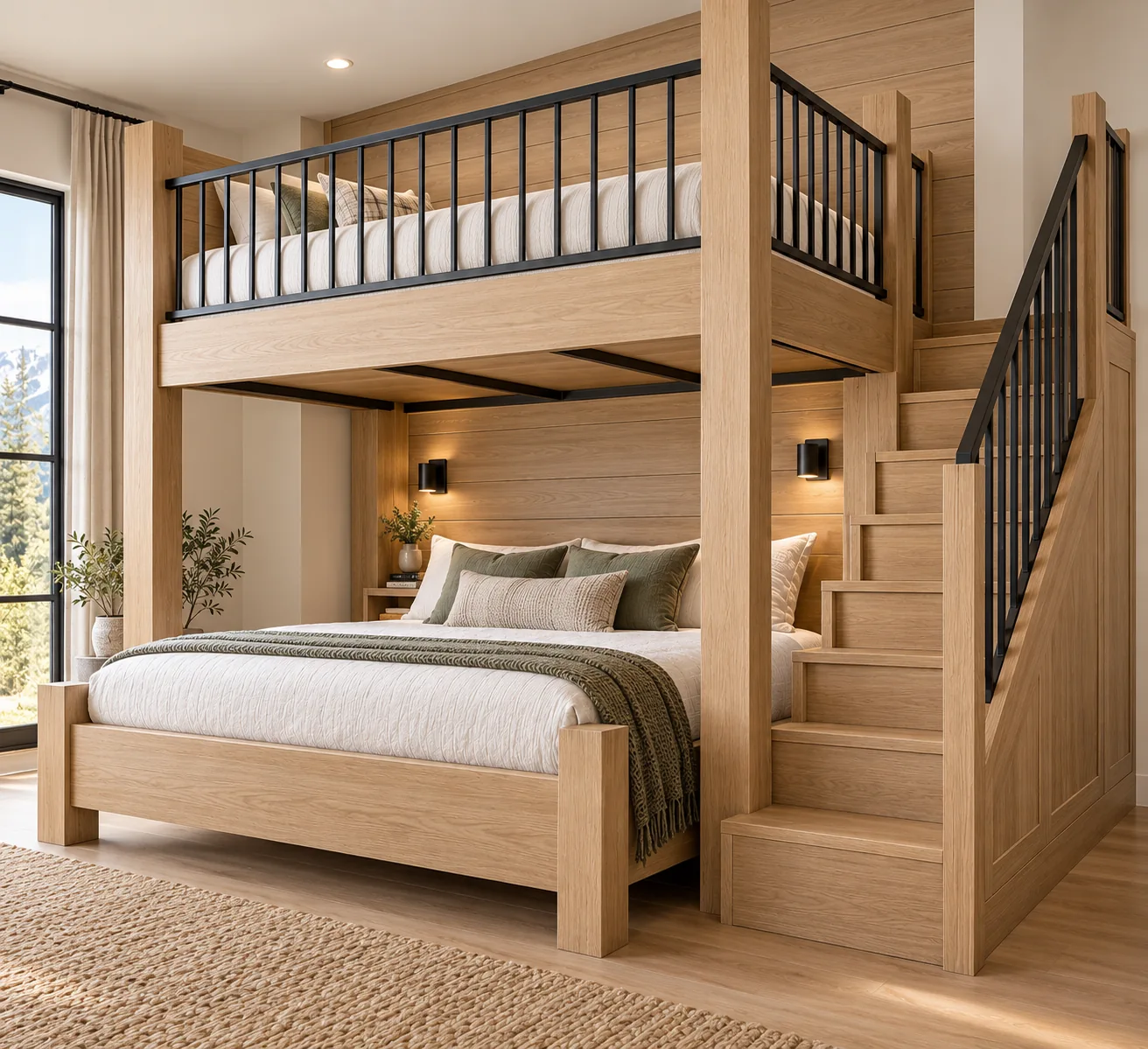 Luxury bunk bed concept in natural white oak with integrated stairs and matte-black railings