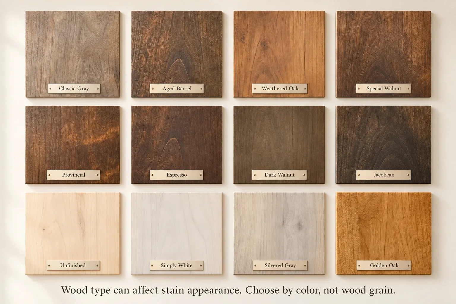 Twelve reference wood finishes labeled Classic Gray, Aged Barrel, Weathered Oak, Special Walnut, Provincial, Espresso, Dark Walnut, Jacobean, Unfinished, Simply White, Silvered Gray and Golden Oak